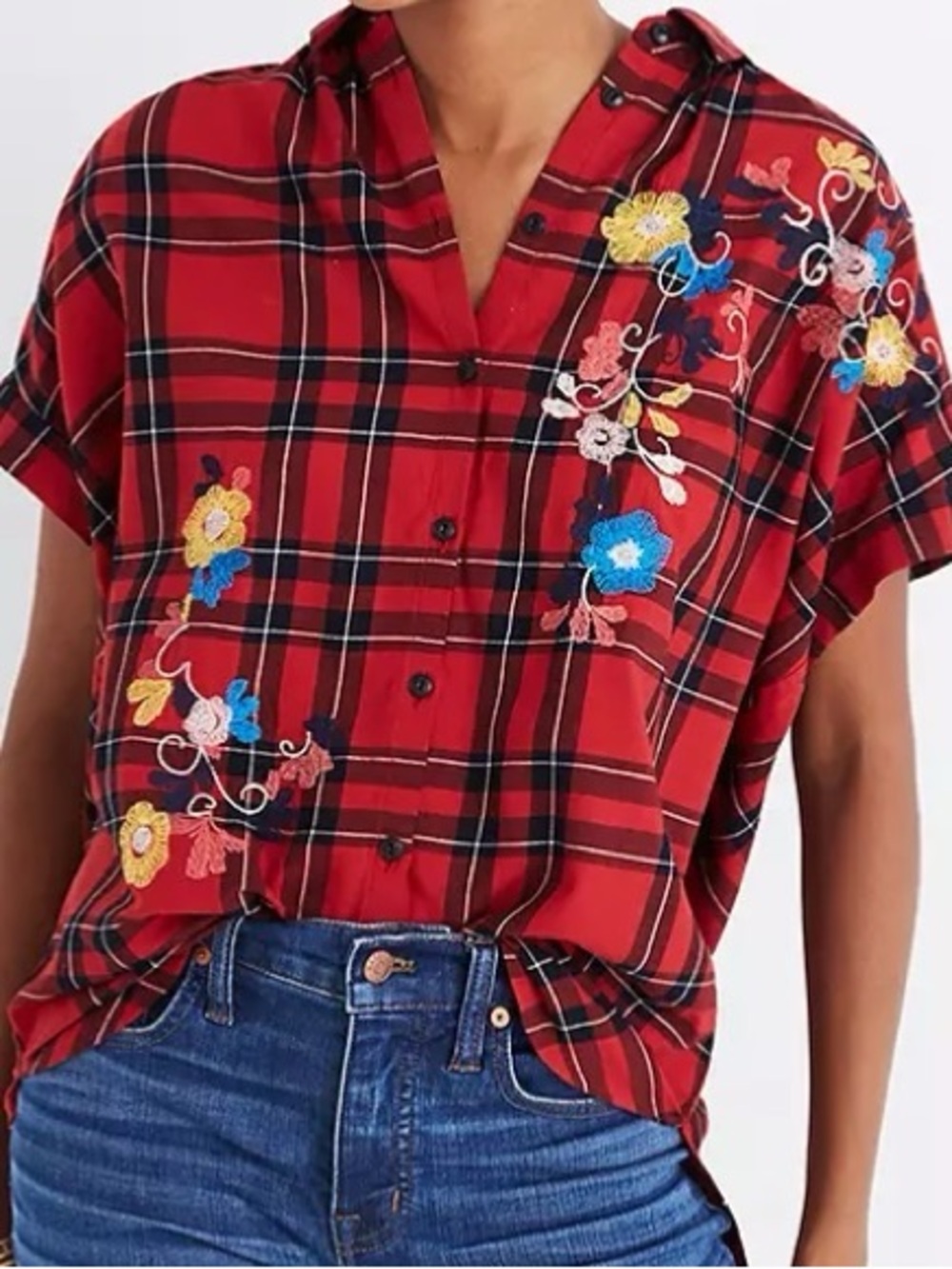 Madewell Embroidered Central Shirt in red Plaid w/ floral embroidery over